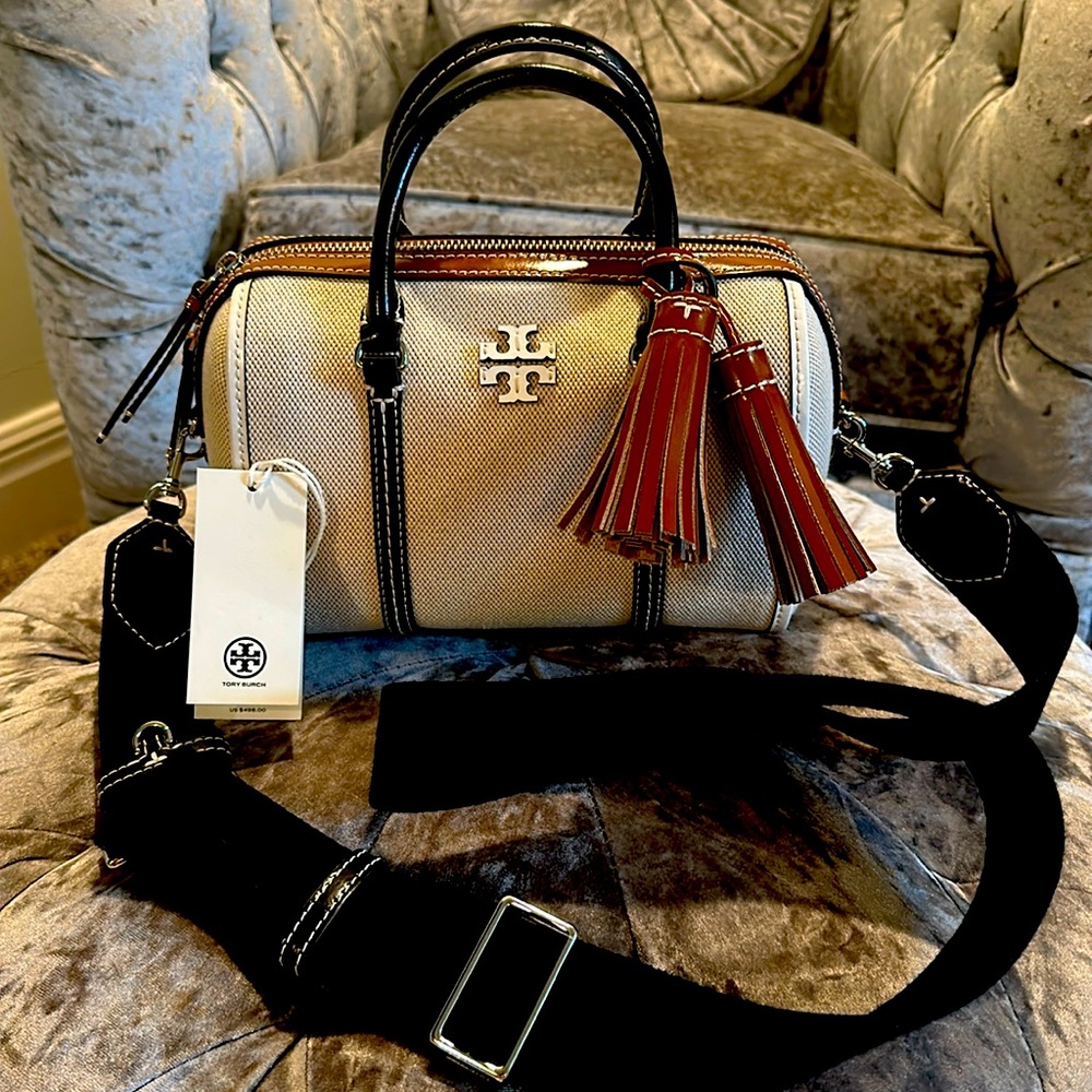 Tory Burch Beige Canvas Satchel with Black Trim and rust Tassels with new wallet